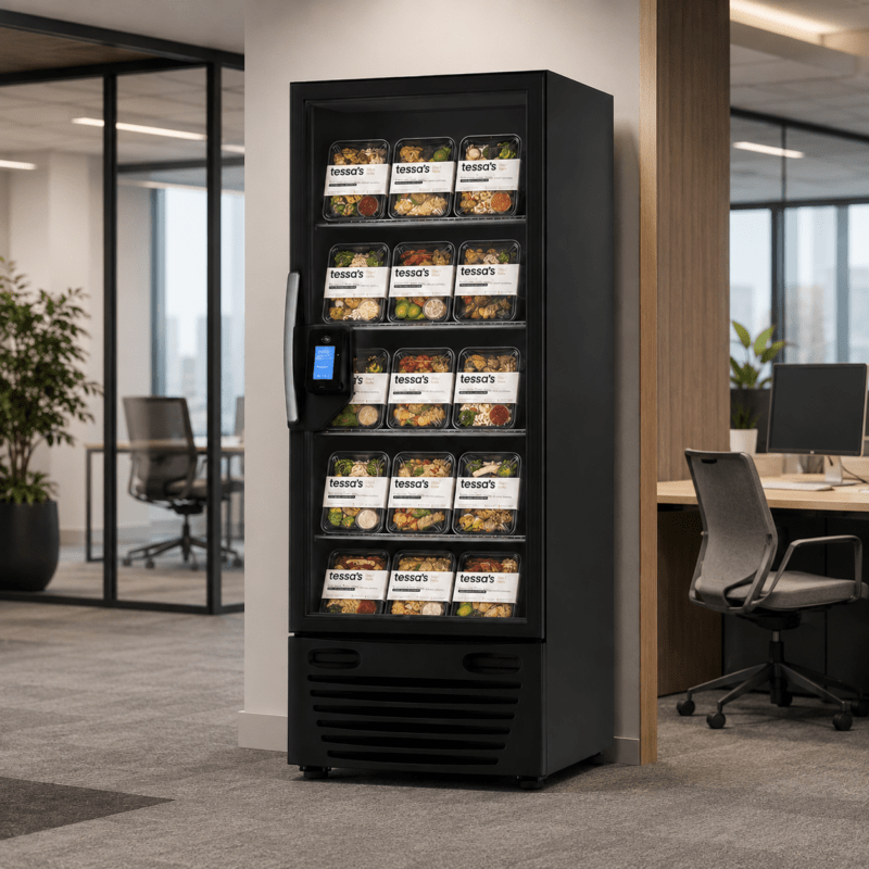 Vendingautomaat met maaltijden in een kantooromgeving. Altijd aanbod van vers voedsel voor medewerkers.
