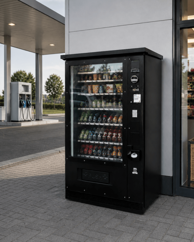 Outdoor vendingmachine bij een tankstation voor 24/7 verkoop van snacks en gekoelde dranken aan klanten, reizigers en bezoekers.