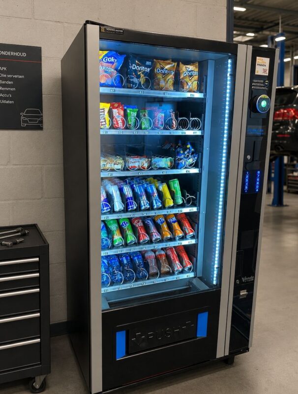 Design vendingmachine binnen in een autogarage met snacks en dranken voor klanten en medewerkers, ideaal voor extra service in de wachtruimte of werkplaats.