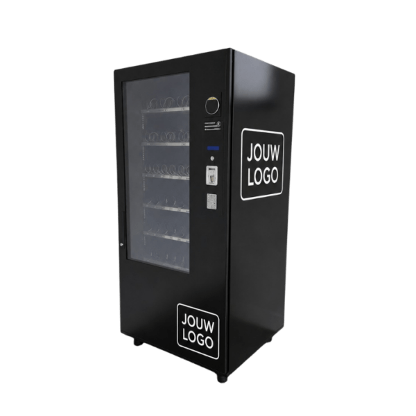 Vendingmachine met gepersonaliseerde sticker op de voorkant, ideaal voor klanten die hun eigen logo of branding op de automaat willen toevoegen als extra optie.