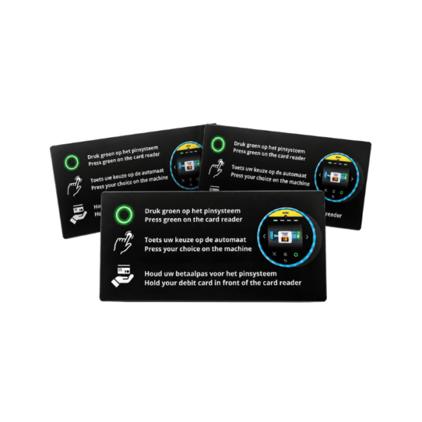 Nayax Onyx uitleg stickers per 10 stuks voor vendingmachines, geschikt om klanten in drie duidelijke stappen te laten zien hoe zij kunnen betalen met de Nayax Onyx pinterminal op een snackautomaat, drankautomaat of vendingmachine.
