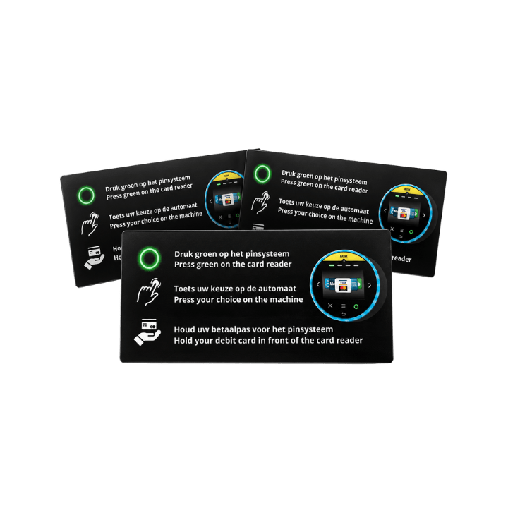Nayax Onyx uitleg stickers per 10 stuks voor vendingmachines, geschikt om klanten in drie duidelijke stappen te laten zien hoe zij kunnen betalen met de Nayax Onyx pinterminal op een snackautomaat, drankautomaat of vendingmachine.