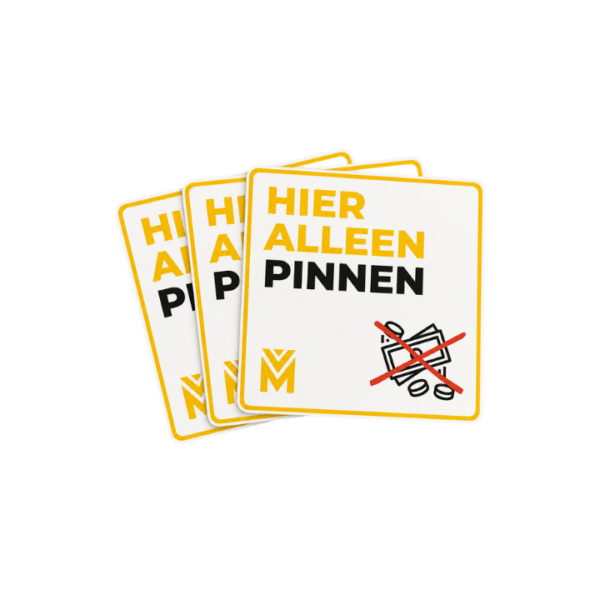 Pin only stickers per 10 stuks voor vendingmachines en verkoopautomaten, geschikt om klanten duidelijk te laten zien dat de automaat alleen pinbetalingen en contactloze betalingen accepteert via pinpas, telefoon of smartwatch.
