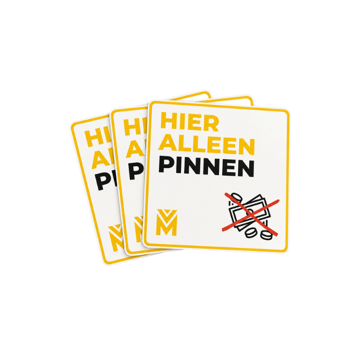 Pin only stickers per 10 stuks voor vendingmachines en verkoopautomaten, geschikt om klanten duidelijk te laten zien dat de automaat alleen pinbetalingen en contactloze betalingen accepteert via pinpas, telefoon of smartwatch.